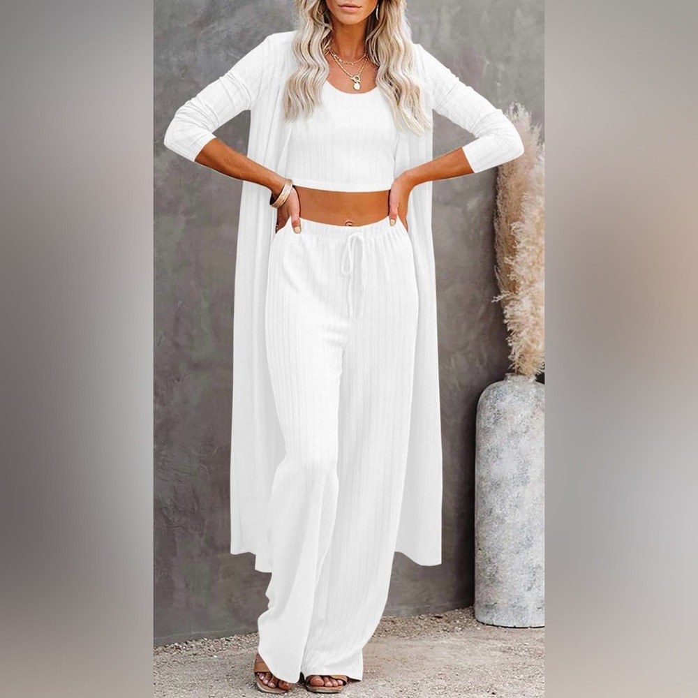 Fessceruna‎ Womens 3 Piece Pajamas Cardigan Lounge Knitwear Crop Top Wide Pants